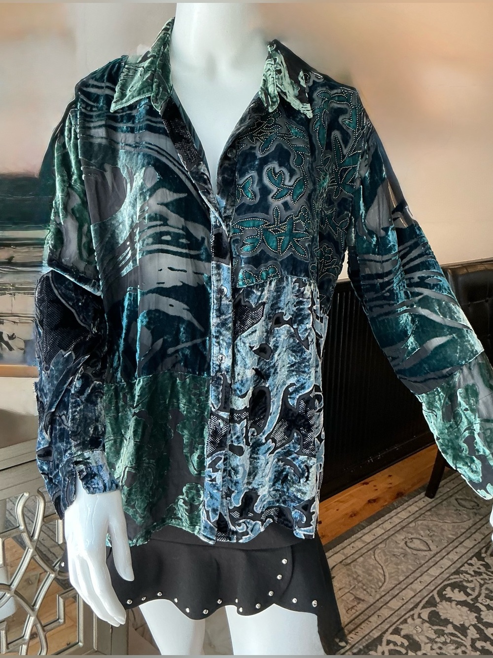 Chicos Boho Silk Velvet Burnout Sheer Floral Lagenlook Button Blouse Multi SZ 2